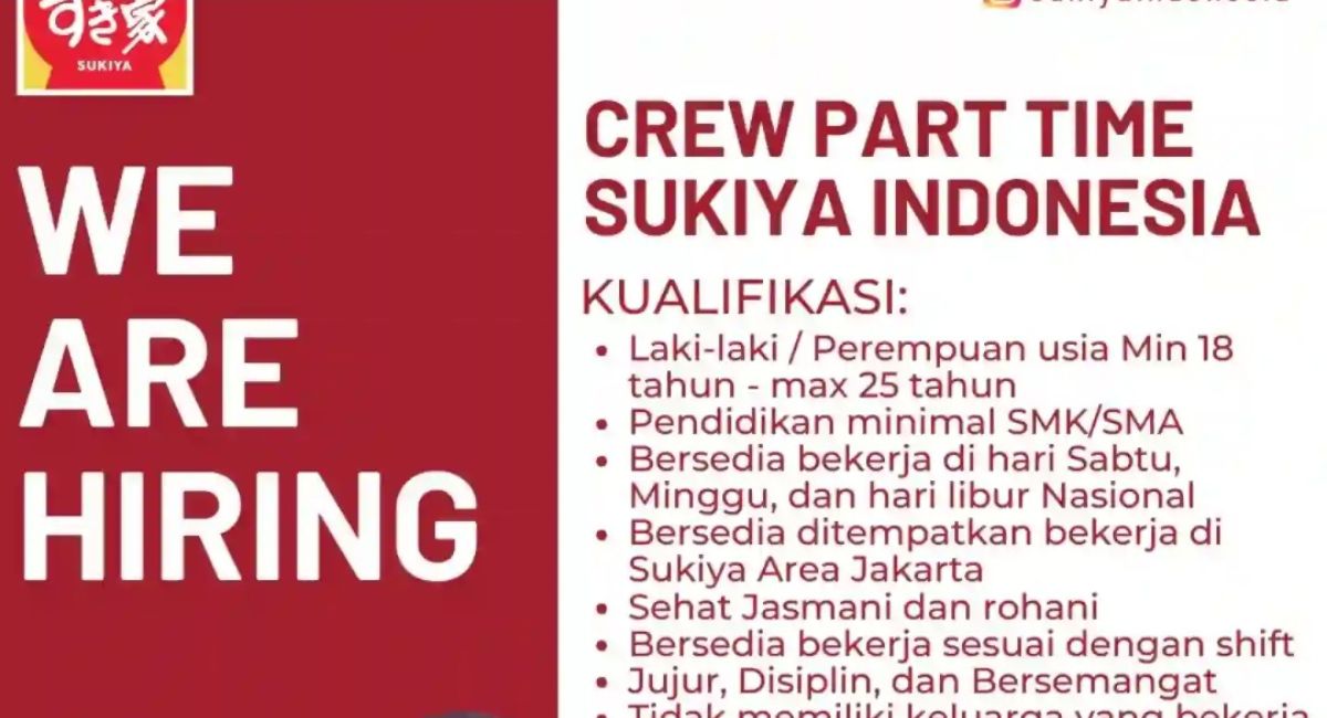 Mahasiswa Merapat! Sukiya Indonesia Buka Lowongan Kerja Part Time, Bisa Dapat Uang Tambahan